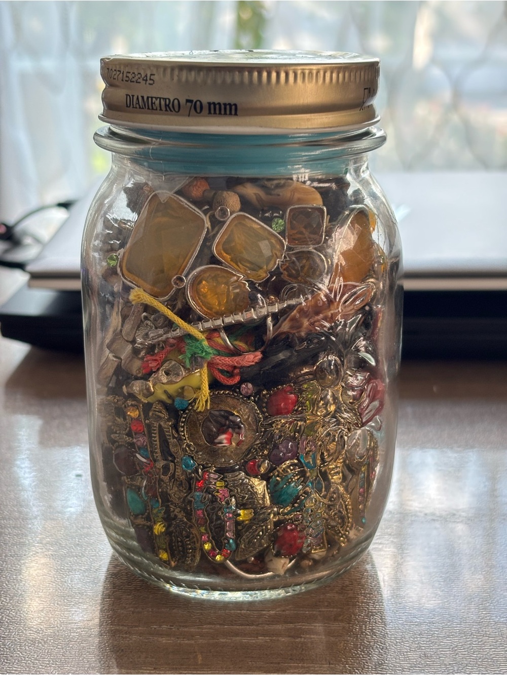 Glass Storage Jar with Gold Lid - Filled with Junk Jewelry.  Crafting pcs.